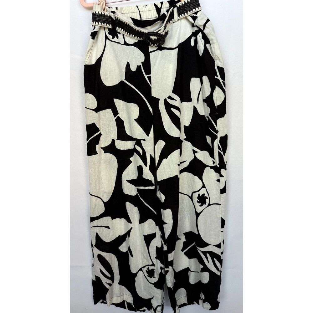 Christian Siriano Large L Floral Wide Leg Pants Black Cream w Belt Palazzo Flowy